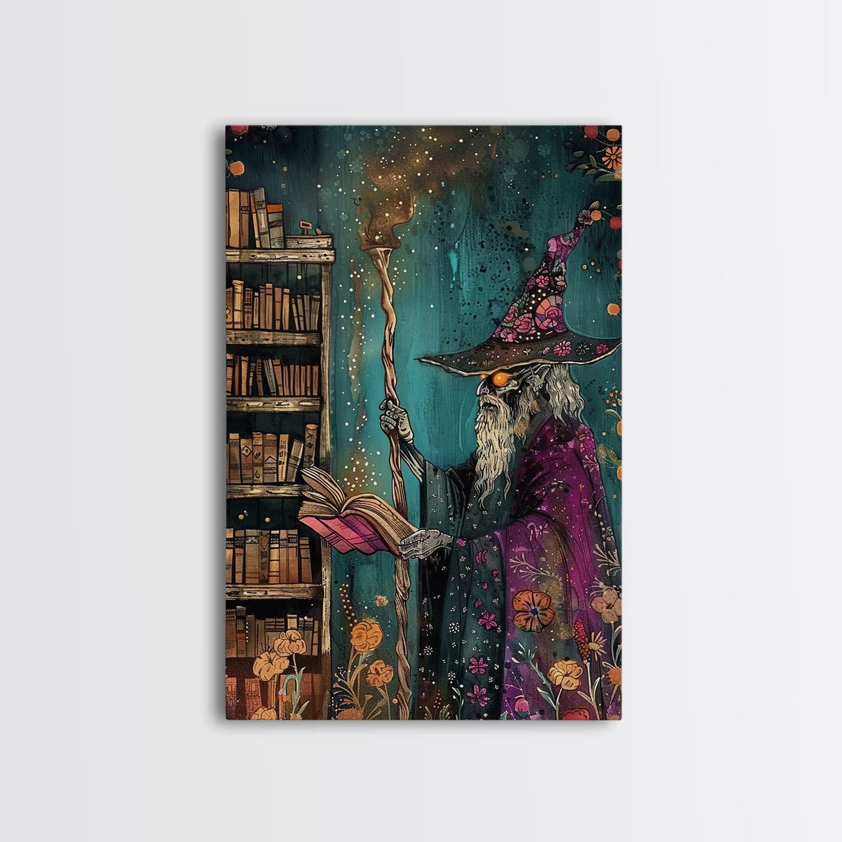 Halloween Eerie Wizard in Haunted Library Framed Canvas Print, Gothic Wall Art, Home Decor, Witchcraft Decor, Gift Idea, Enchanted Study