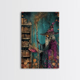 Halloween Eerie Wizard in Haunted Library Framed Canvas Print, Gothic Wall Art, Home Decor, Witchcraft Decor, Gift Idea, Enchanted Study