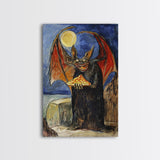 Halloween Vampire Bat with Pizza Under Full Moon Framed Canvas Print, Humorous Wall Art, Home Decor, Whimsical Decor, Gift Idea, Spooky Fun