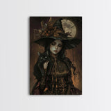 The Witch and The Black Cat Framed Canvas Art, Spooky Victorian Witch Art, Spooky Season, Halloween Props, Halloween Accessories Art