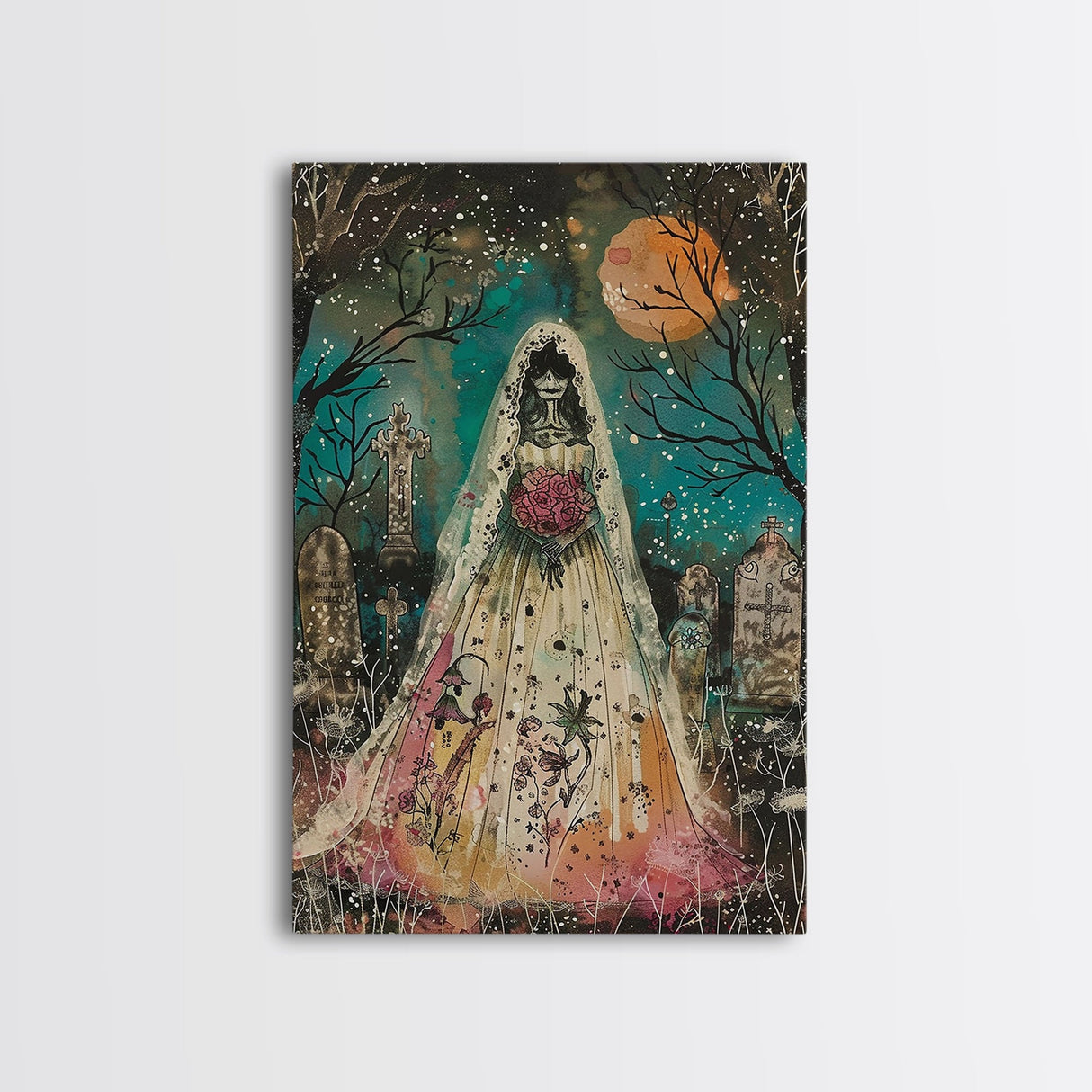 Halloween Skeleton Bride in Cemetery, Framed Canvas Print, Wall Art, Living Room Decor, Spooky, Skeleton Art, Original Painting, Home Decor
