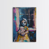 Halloween Creepy Girl with Doll, Framed Canvas Print, Wall Art, Living Room Decor, Spooky, Girl Art, Original Painting, Home Decor