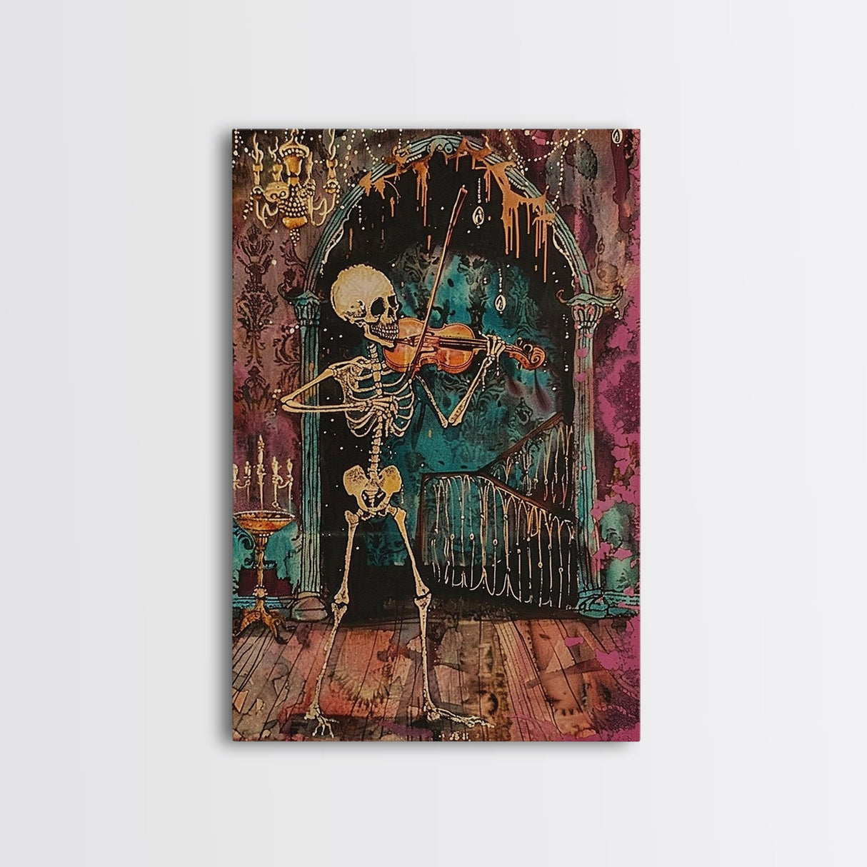 Halloween Skeleton Playing Violin, Framed Canvas Print, Wall Art, Living Room Decor, Spooky, Skeleton Art, Original Painting