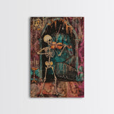 Halloween Skeleton Playing Violin, Framed Canvas Print, Wall Art, Living Room Decor, Spooky, Skeleton Art, Original Painting