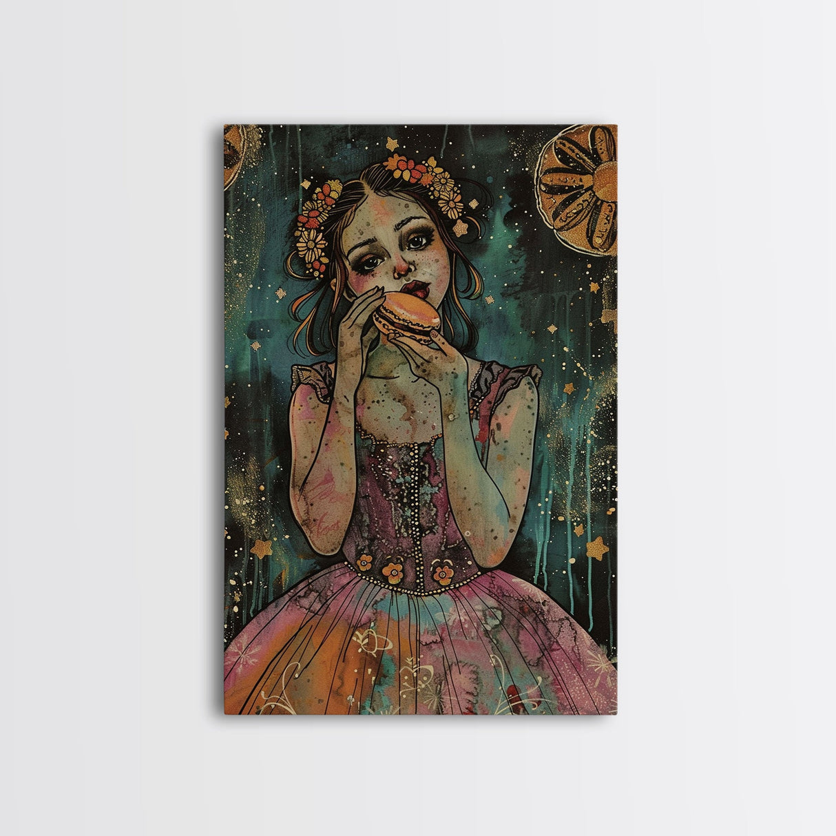 Halloween Girl Eating Macaron, Framed Canvas Print, Wall Art, Living Room Decor, Spooky, Girl Art, Original Painting, Home Decor