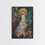 Halloween Ghost in Haunted Forest Framed Canvas Print, Spooky Decor, Living Room Art, Creepy Halloween Wall Art, Home Decoration