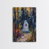 Halloween Ghost in Forest with Apple Framed Canvas Print, Whimsical Spooky Decor, Living Room Art, Fun Halloween Art, Home Decor, Retro Art