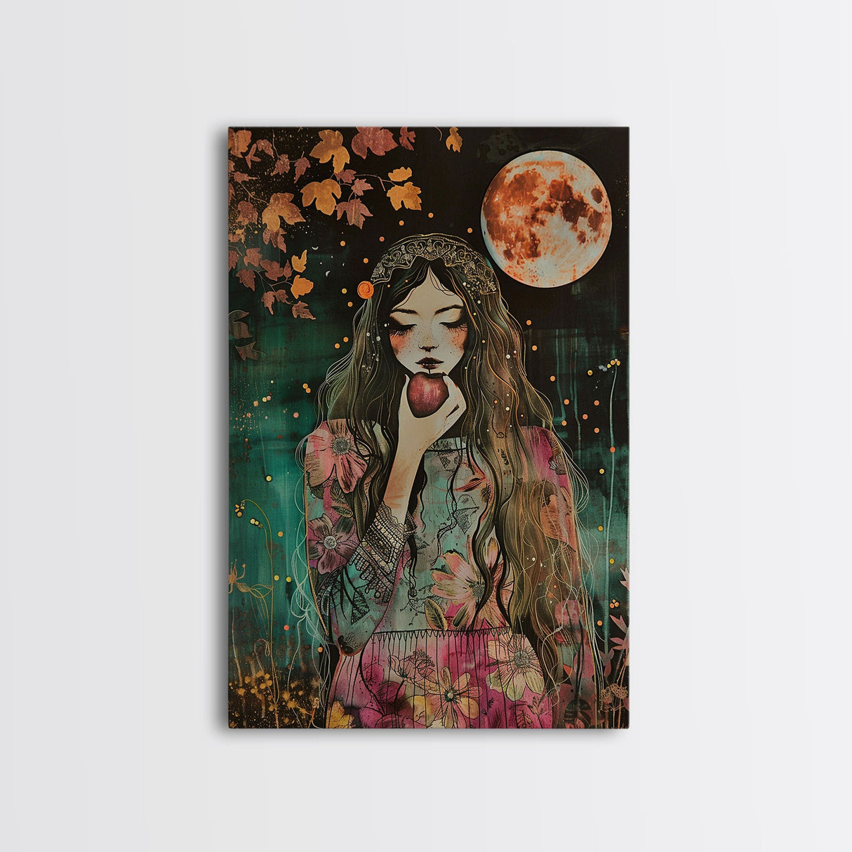 Ghostly Witch With Red Apple, Framed Canvas Print, Wall Art, Spooky Decor, Halloween Decoration, Living Room Art, Unique Gift