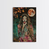 Ghostly Witch With Red Apple, Framed Canvas Print, Wall Art, Spooky Decor, Halloween Decoration, Living Room Art, Unique Gift