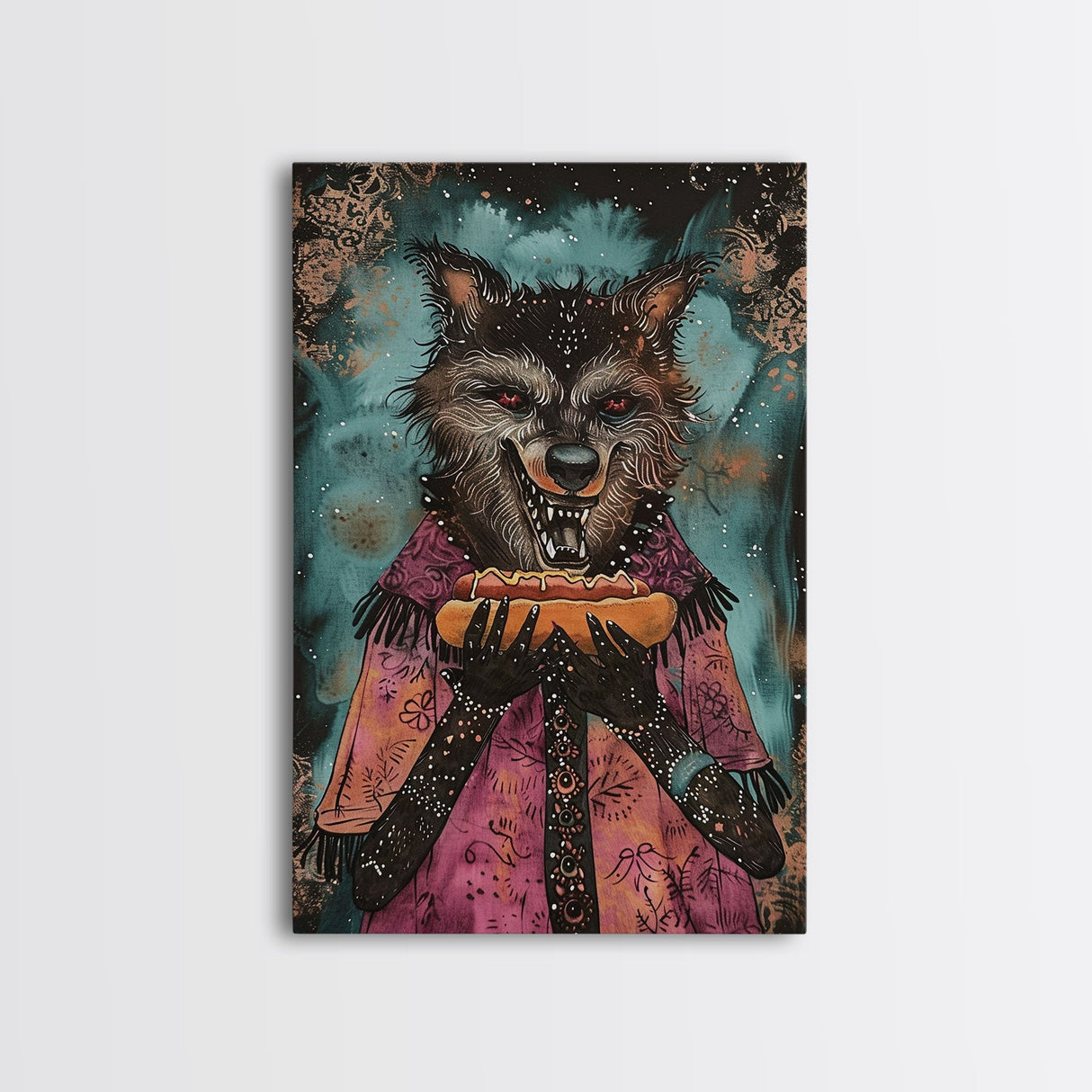 Halloween Werewolf with Hotdog, Framed Canvas Print, Wall Art, Home Decor, Spooky Artwork, Monster Decor, Halloween Decor, Funny Halloween