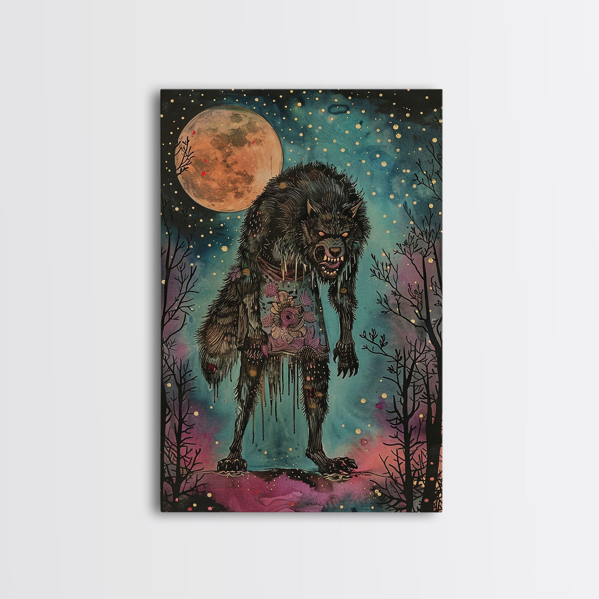 Halloween Spooky Full Moon Werewolf Framed Canvas Print, Wall Art, Living Room Decor, Halloween Decoration, Scary Wall Hanging, Haunted Art