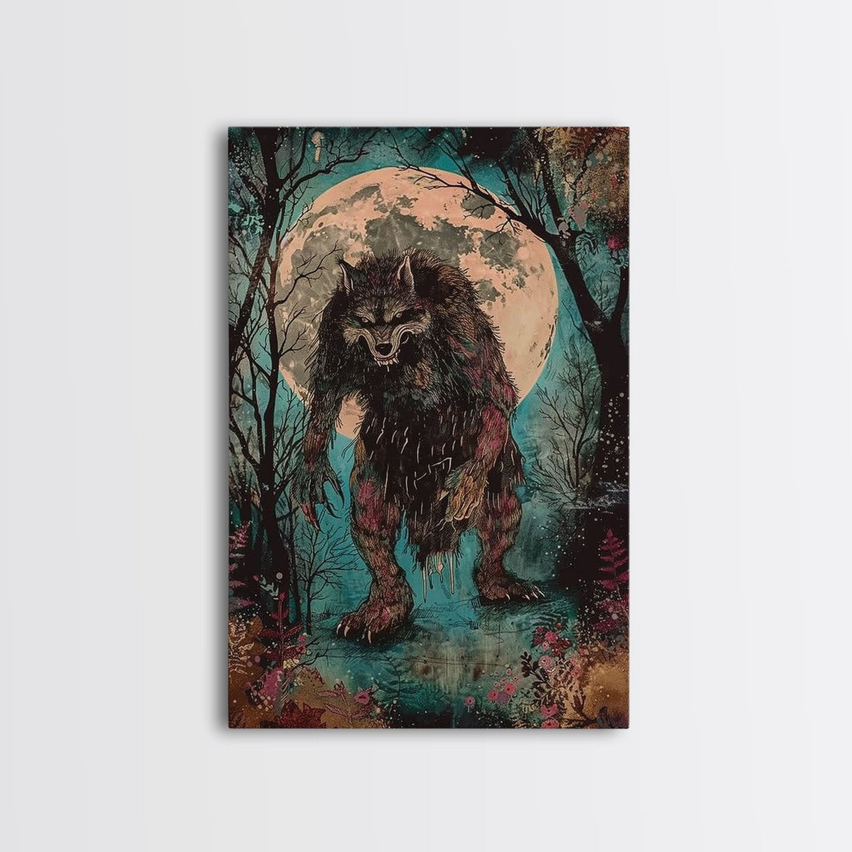 Halloween Horror Full Moon Werewolf Framed Canvas Print, Wall Art, Living Room Decor, Halloween Decor, Spooky Wall Hanging, Haunted House