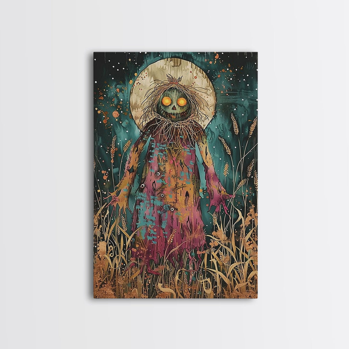 Creepy Moonlit Scarecrow Framed Canvas Print | Halloween Art | Spooky Harvest Artwork | Sinister Scarecrow Art for Home Decor