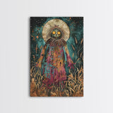 Creepy Moonlit Scarecrow Framed Canvas Print | Halloween Art | Spooky Harvest Artwork | Sinister Scarecrow Art for Home Decor