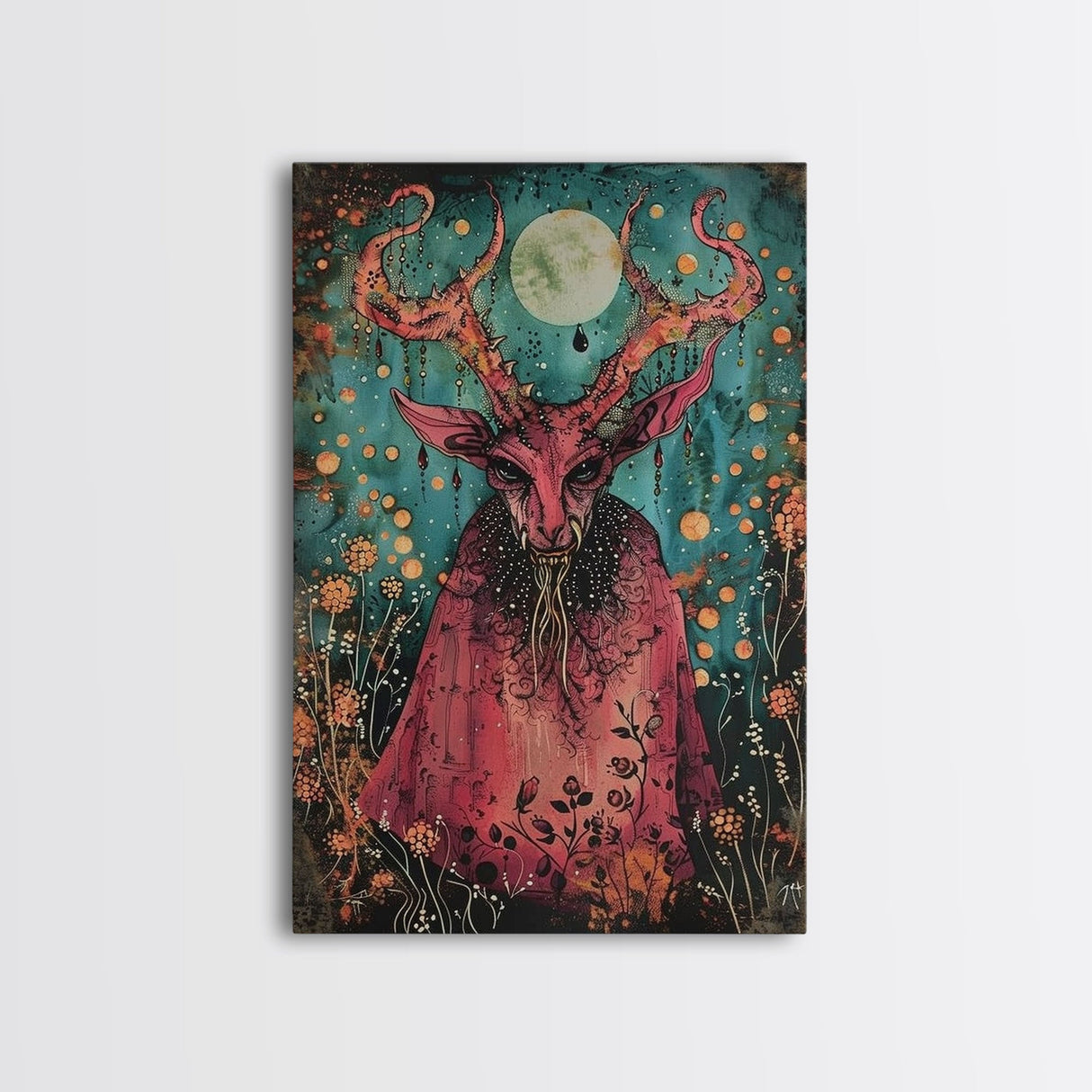 Enchanted Demon Under Full Moon Framed Canvas Print, Halloween Art, Creepy Wall Art, Spooky Home Decor, Art, Haunting Living Room Decor
