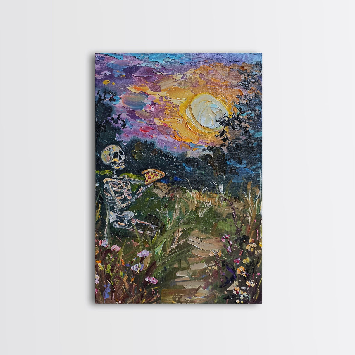 Graveyard Pizza Party Framed Canvas print, Skeleton Eating Pizza In a Cemetary Halloween Decor