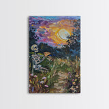 Graveyard Pizza Party Framed Canvas print, Skeleton Eating Pizza In a Cemetary Halloween Decor