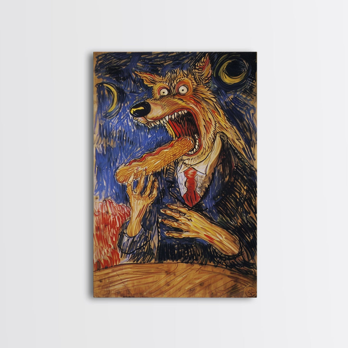 Business Werewolf Eating a Hot Dog, Framed Canvas print, Funny Halloween Art, Spooky Season, The Scream Inspired Funny Art