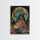 Spooky Witch with Cauldron Under Full Moon Framed Canvas Print | Halloween Witch Art | Witch Decor for Home | Magical Halloween Artwork