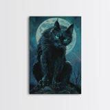 Black Cat with Piercing Eyes Against Full Moon | Halloween Wall Art | Spooky Home Decor | Creepy Black Cat Painting | Framed Canvas Print