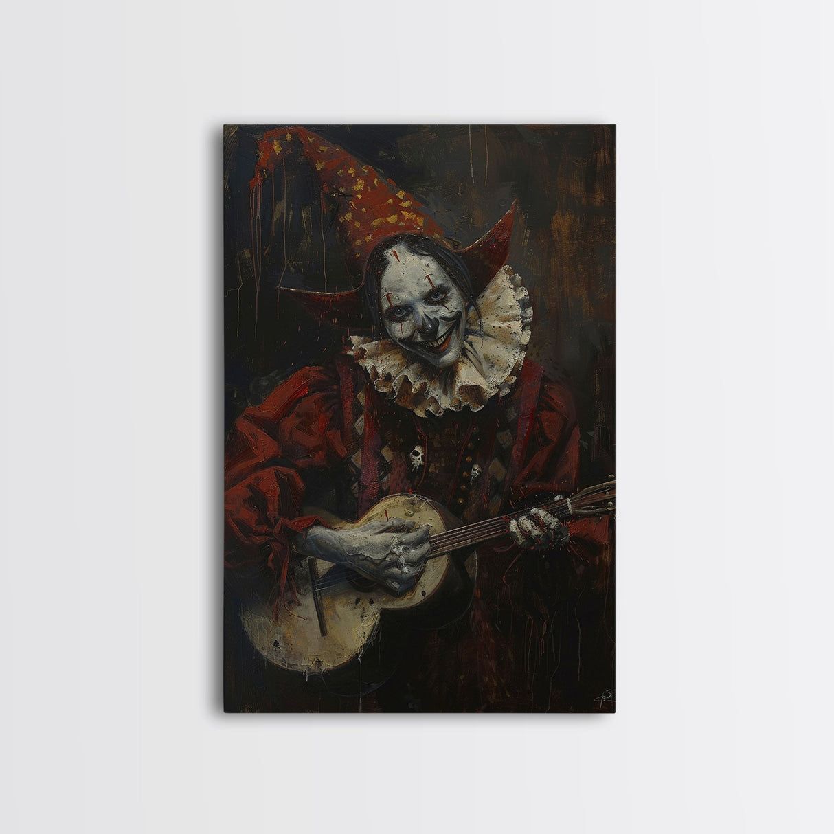 Creepy Clown Playing Guitar, Framed Canvas Print, Spooky Circus Art, Halloween Wall Decor, Horror Clown Illustration, Creepy Home Decor