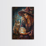 Enchanting Witch with Crystal Ball, Framed Canvas Print, Mystical Halloween Art, Spooky Witch Decor, Witchcraft Illustration, Magical Decor