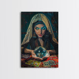 Enchanting Fortune Teller with Crystal Ball Under Moonlight - Mystical Witchcraft Framed Canvas Print, Halloween Gothic Home Decor
