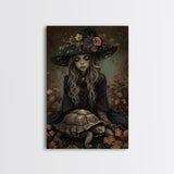 Mystical Witch with Deer in Enchanted Forest - Halloween Art Framed Canvas Print, Spooky Home Wall Decor