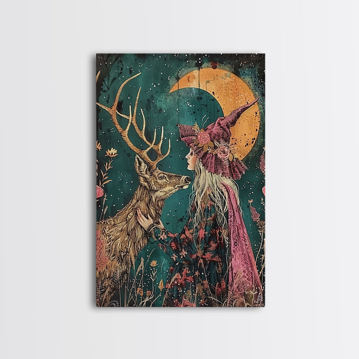 Gothic Witch with Turtle in Dark Forest - Enigmatic Halloween Artwork Framed Canvas Print, Spooky Home Wall Decor