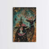 Elegant Witch with Tortoise - Halloween Art, Gothic Art, Spooky Decor, Dark Nature Art, Haunting Portrait, Framed Canvas Print