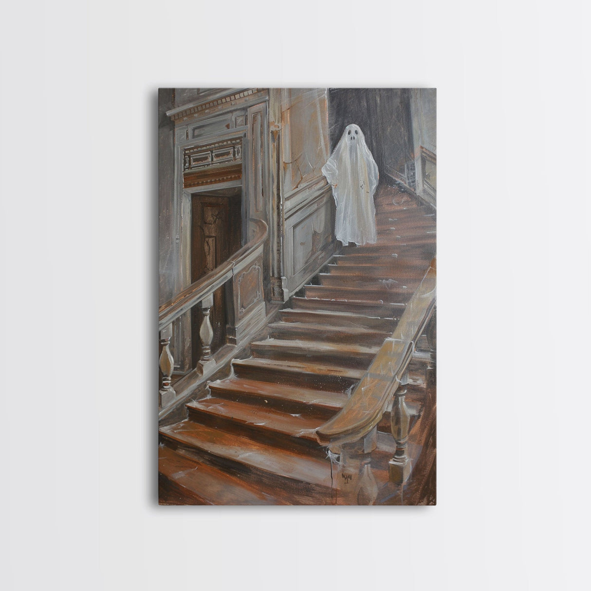 Ghost On Stairs Canvas Print - Halloween Art, Spooky Home Decor, Ghost Wall Art, Haunted House Decor, Halloween Decor, Framed Canvas Print