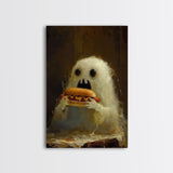 Cute Ghost Chompin on A Hot Dog, Ghostly Hot Dog Thief, Framed Canvas Print, Funny Halloween Spooky Season Art