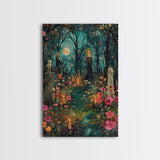 Haunted Graveyard with Flowers Framed Canvas Print, Wall Art, Halloween Cemetery Art, Spooky Home Decor, Ghostly Garden Painting