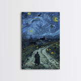 Haunted Road with Jack-O-Lanterns Framed Canvas Print, Halloween Wall Art, Starry Night Inspired, Home Decor, Spooky Art, Living Room Decor