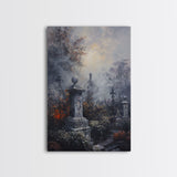 Gothic Cemetery with Statues Framed Canvas Print, Halloween Wall Art, Haunted Graveyard, Home Decor, Spooky Art, Living Room Decor, Gothic