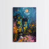 Haunted House with Glowing Windows Framed Canvas Print, Halloween Wall Art, Spooky Art, Home Decor, Living Room Decor, Gothic Artwork