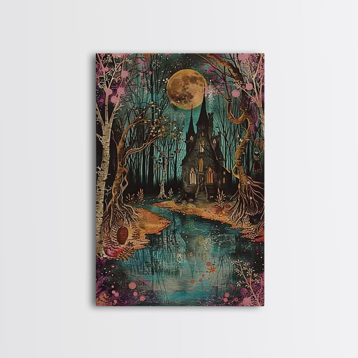 Haunted Castle by the Lake Framed Canvas Print, Halloween Wall Art, Spooky Art, Home Decor, Living Room Decor, Gothic Artwork, Creepy Castle