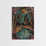 Haunted Castle by the Lake Framed Canvas Print, Halloween Wall Art, Spooky Art, Home Decor, Living Room Decor, Gothic Artwork, Creepy Castle