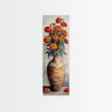 Orange Marigolds in Vase Painted on Textured Canvas, Tall and Narrow Framed Art, Botanical Art Print for Kitchen, Gallery Art, Moody Art