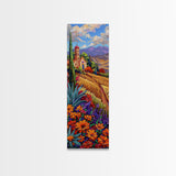 Framed and Printed Canvas Painting of Colorful Tuscan Countryside, Gouache Textured Canvas Painting, Botanical Wall Art Print, Skinny Art