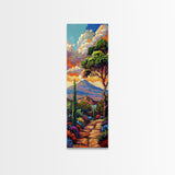 Colorful Textured Canvas Painting of Erupting Volcano Landscape, Tall and Narrow Vertical Art for Office, Mountain Wall Art Prints Framed