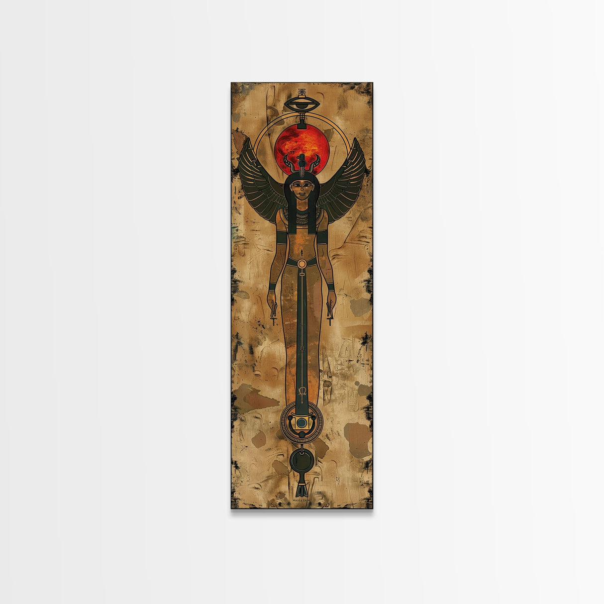 Egyptian Art Depiction of Goddess Isis - Framed Canvas Print, Midcentury Modern Wall Art, Skinny Art, Tall Art, Living Room Decor