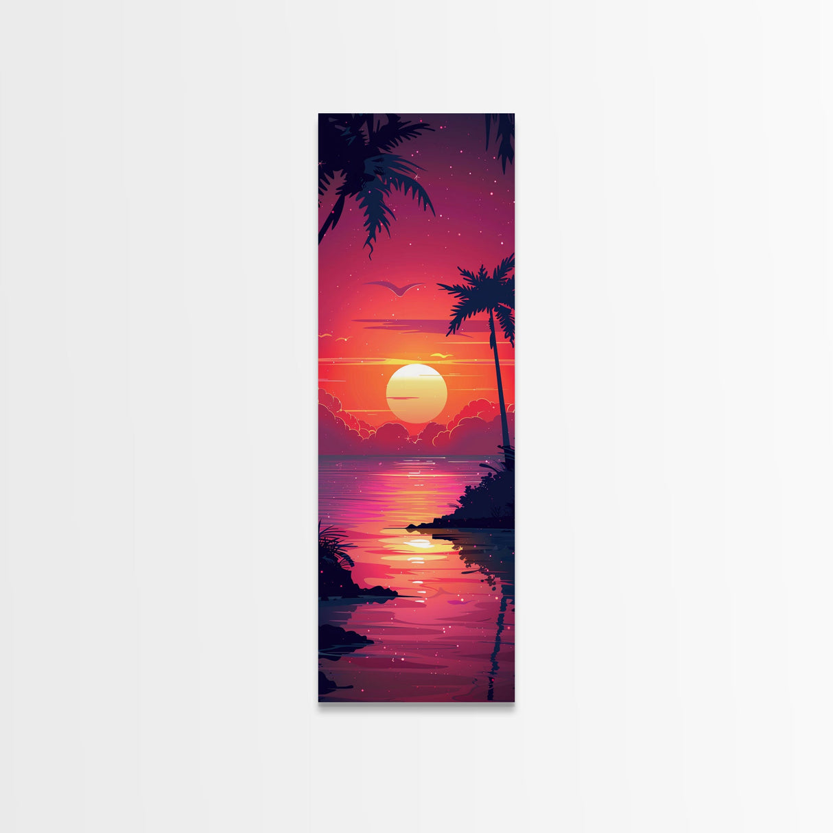 Retro Tropical Sunset Midcentury Modern Art - Framed Canvas Print, Boho Art, Skinny Art, Living Room Art, Bedroom Decor, Coastal Wall Art