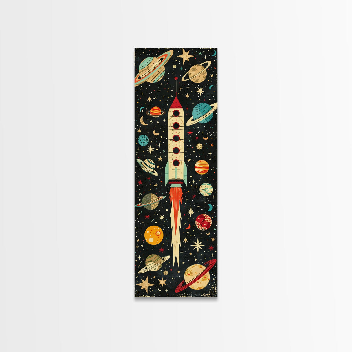 Space Exploration Art with Planets - Framed Canvas Print, Midcentury Modern Skinny Art, Tall Wall Art for Living Room or Bedroom Decor