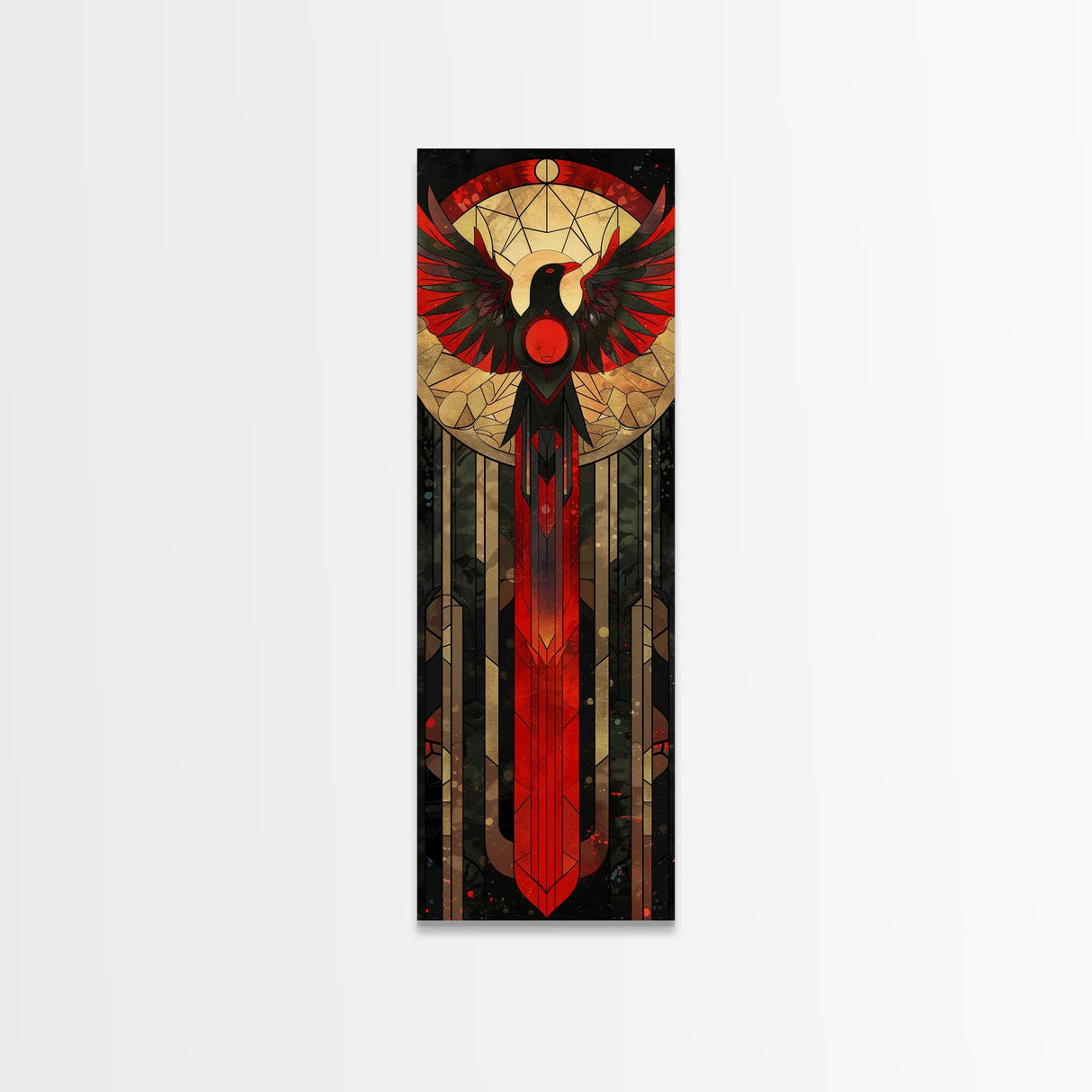 Red and Gold Phoenix Design on Geometric Background - Framed Canvas Print, Midcentury Modern Art, Skinny Art, Tall Art, Living Room Wall Decor, Boho Art
