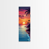 Coastal Sunset Palm Trees Midcentury Modern Art - Framed Canvas Print, Boho Art, Skinny Art, Living Room Art, Bedroom Decor, Tropical Landscape