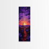 Colorful Sunset Over a Desert Landscape with a Saguaro Cactus and Dramatic Sky on a Framed Canvas Print Skinny Art Piece