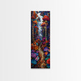 Fantasy Forest Pathway with Giant Mushrooms as Tall Skinny Art Framed Canvas Print for Whimsical Wall Decor in Unique Spaces