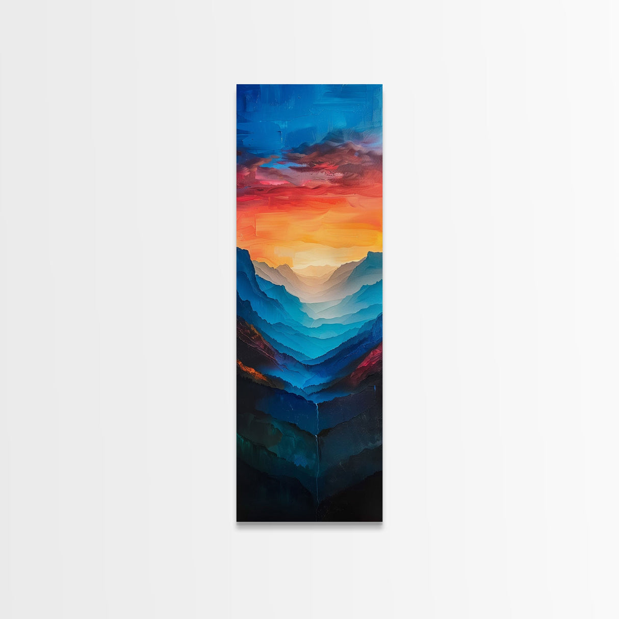 Sunset Over The Mountain Valley Framed Canvas Print - Colorful Wall Art - Midcentury Modern Style Art - Modern Decor - Abstract Landscape Painting - Tall Art