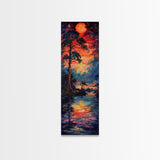 Sunset At The Lake, Framed Canvas Print, Colorful Gift Idea, Housewarming, Tall / Skinny Panoramic Painting Print, Living Room Wall Art